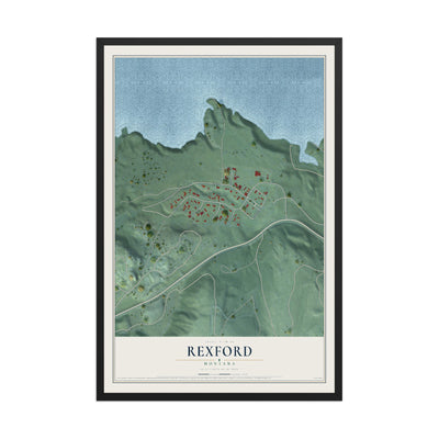 Map of Rexford, Montana, 12 x 18 inch print in a black wood frame