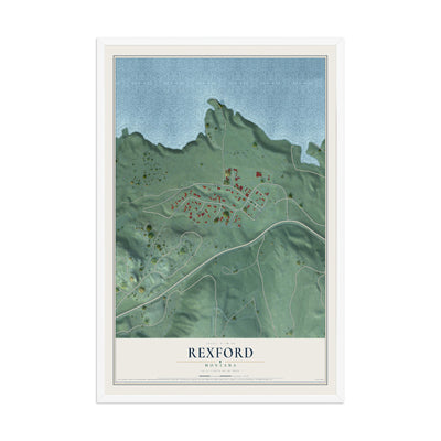 Map of Rexford, Montana, 12 x 18 inch print in a white wood frame