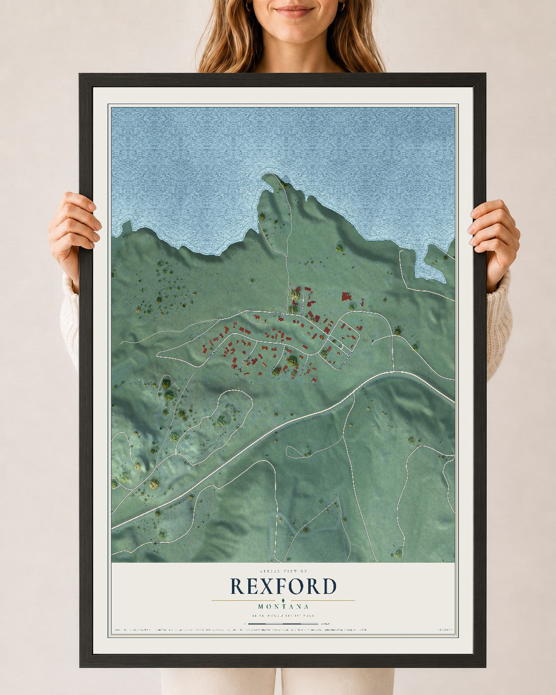 Map of Rexford, Montana, 24 x 36 inch print in a black wood frame