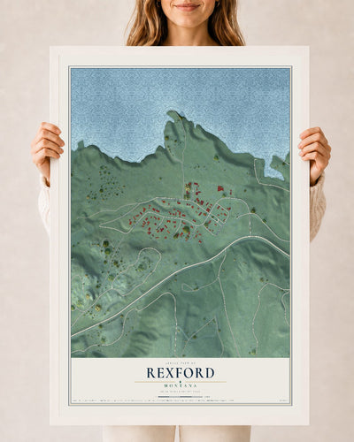 Map of Rexford, Montana, 24 x 36 inch print in a white wood frame