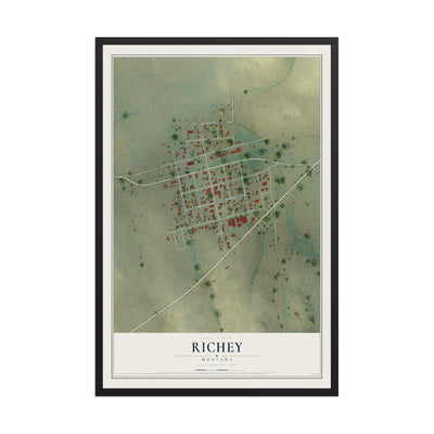 Map of Richey, Montana, 12 x 18 inch print in a black wood frame
