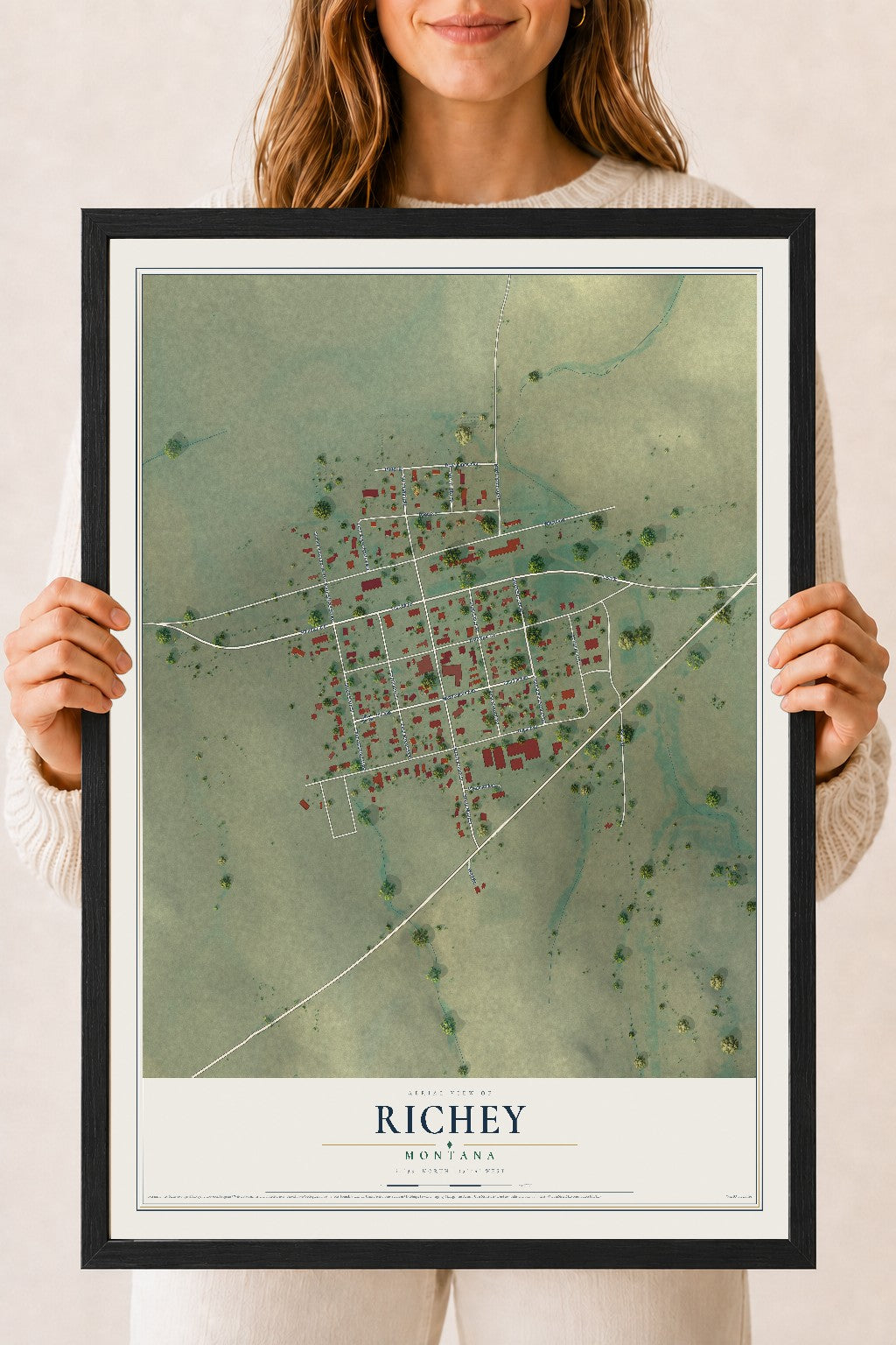 Map of Richey, Montana, 18 x 24 inch print in a black wood frame