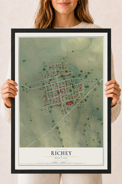 Map of Richey, Montana, 18 x 24 inch print in a black wood frame