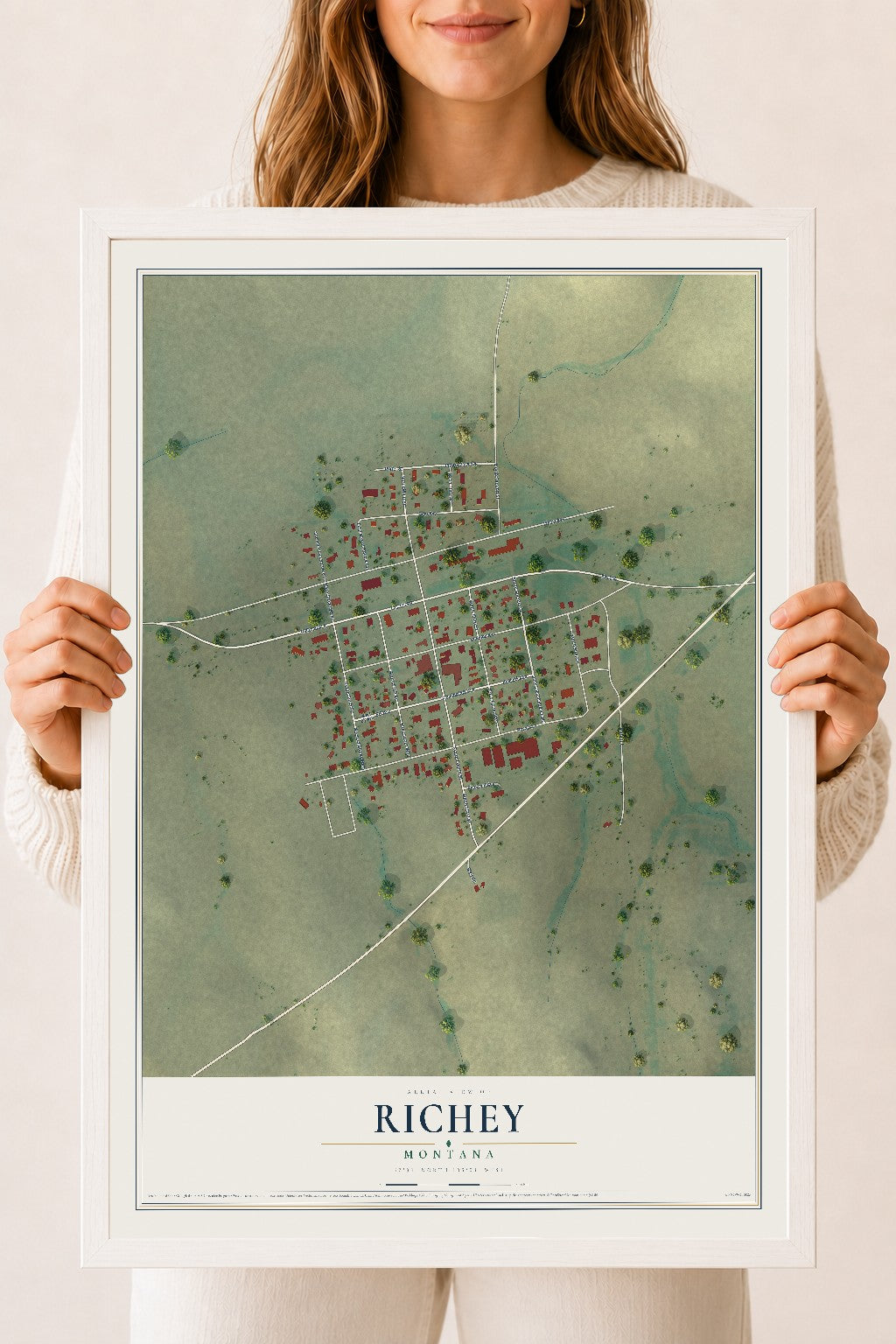 Map of Richey, Montana, 18 x 24 inch print in a white wood frame