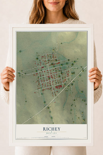 Map of Richey, Montana, 18 x 24 inch print in a white wood frame