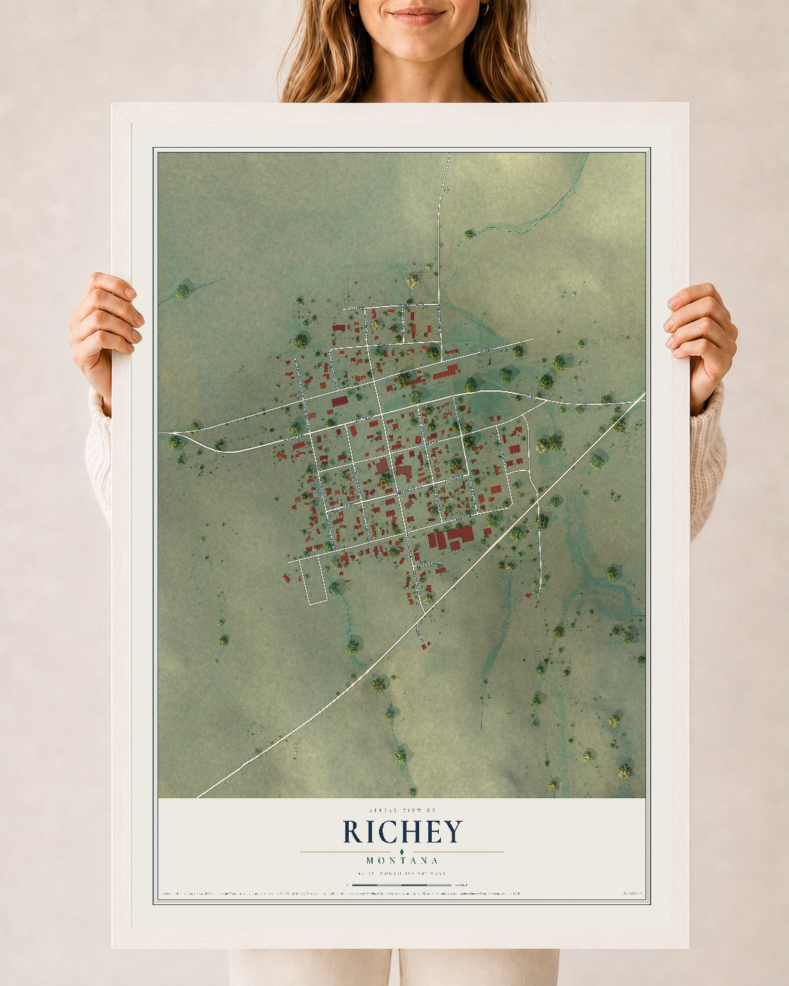 Map of Richey, Montana, 24 x 36 inch print in a white wood frame
