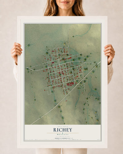 Map of Richey, Montana, 24 x 36 inch print in a white wood frame