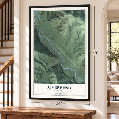 Riverbend, Montana map, 24 x 36 inch print in a black frame by a staircase