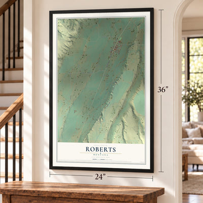 Roberts, Montana map, 24 x 36 inch print in a black frame by a staircase