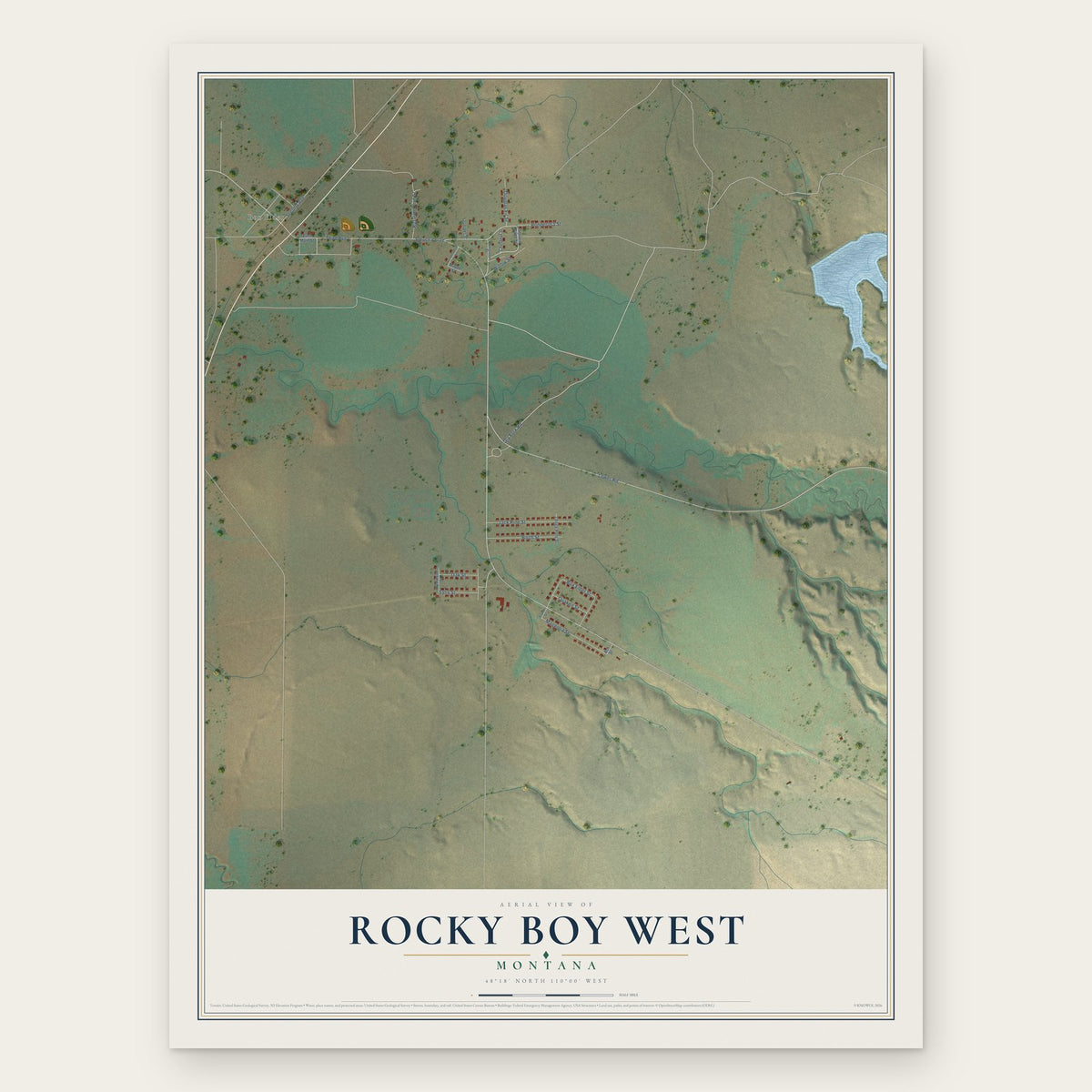 Rocky Boy West, Montana map print, the full design