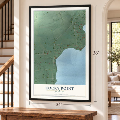 Rocky Point, Montana map, 24 x 36 inch print in a black frame by a staircase