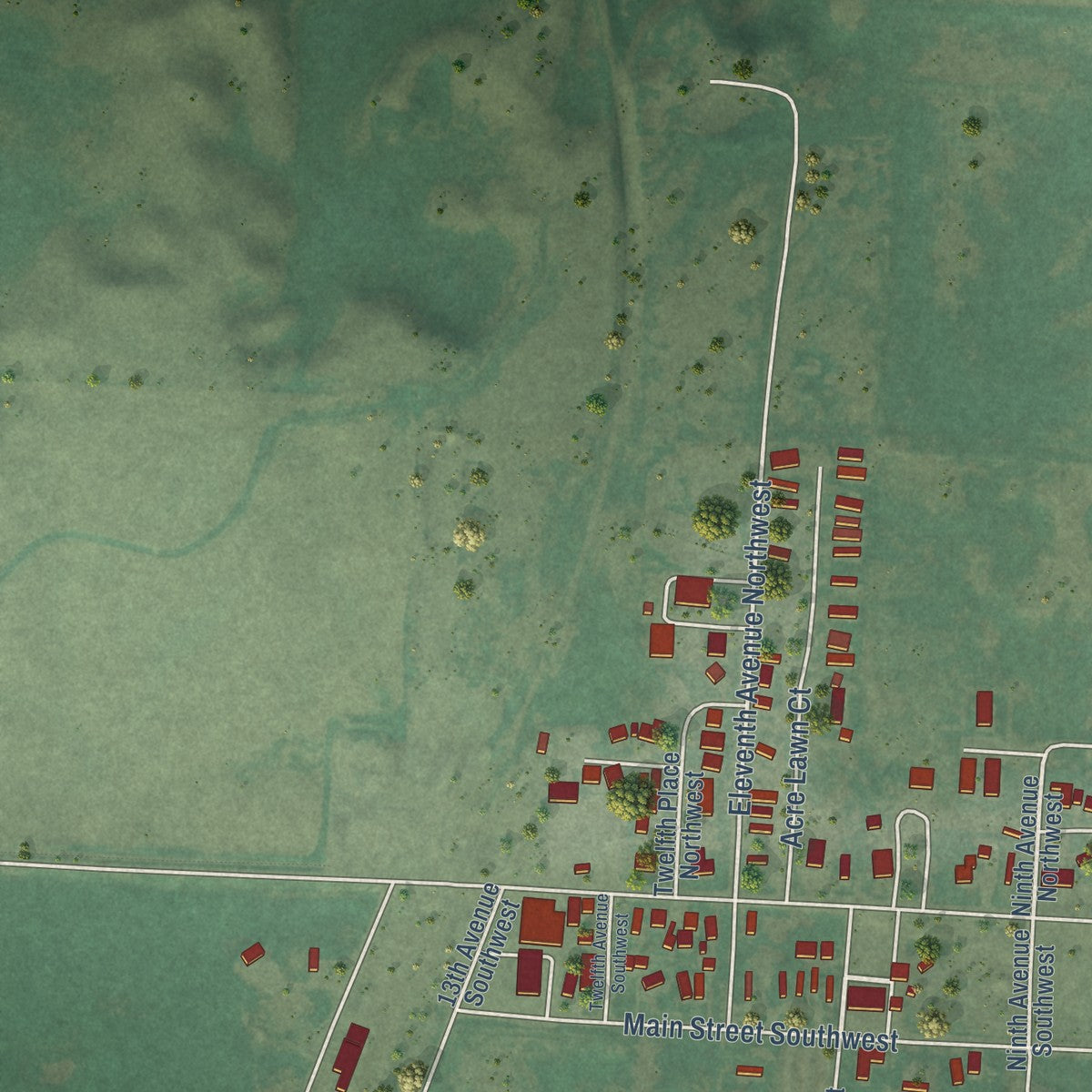 Second close-up of the map of Ronan, Montana print showing more streets and buildings