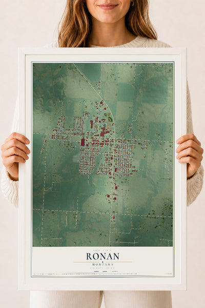 Map of Ronan, Montana, 18 x 24 inch print in a white wood frame
