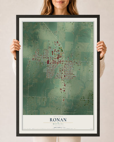 Map of Ronan, Montana, 24 x 36 inch print in a black wood frame