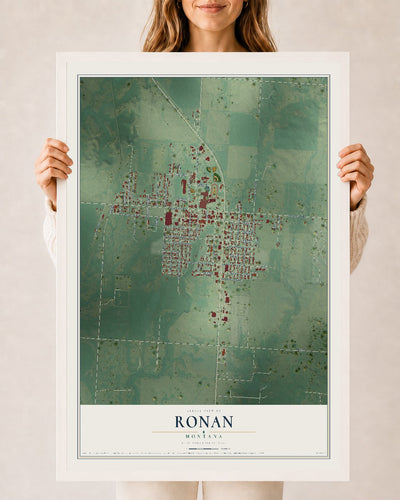 Map of Ronan, Montana, 24 x 36 inch print in a white wood frame