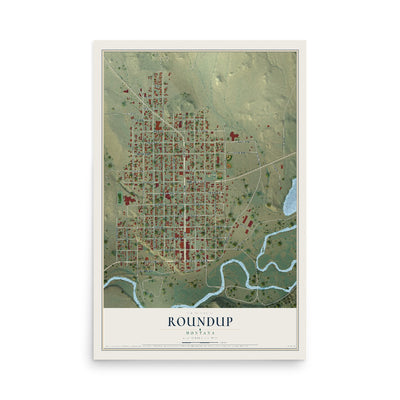 Map of Roundup, Montana, 12 x 18 inch unframed archival matte print