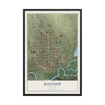 Map of Roundup, Montana, 12 x 18 inch print in a black wood frame