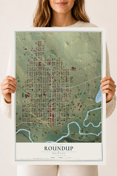 Map of Roundup, Montana, 18 x 24 inch unframed archival matte print