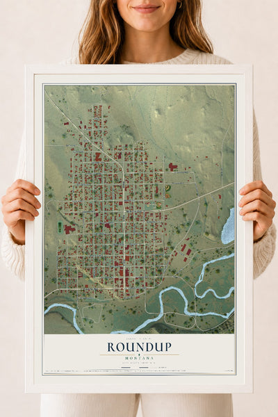 Map of Roundup, Montana, 18 x 24 inch print in a white wood frame