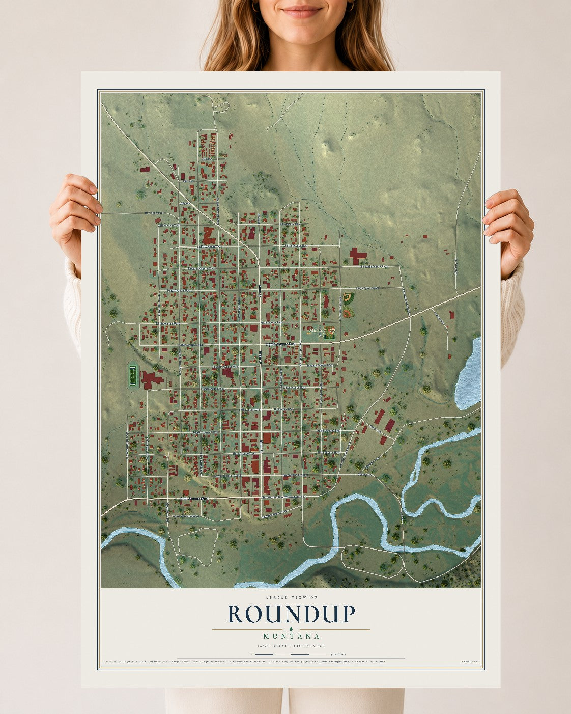 Map of Roundup, Montana, 24 x 36 inch unframed archival matte print