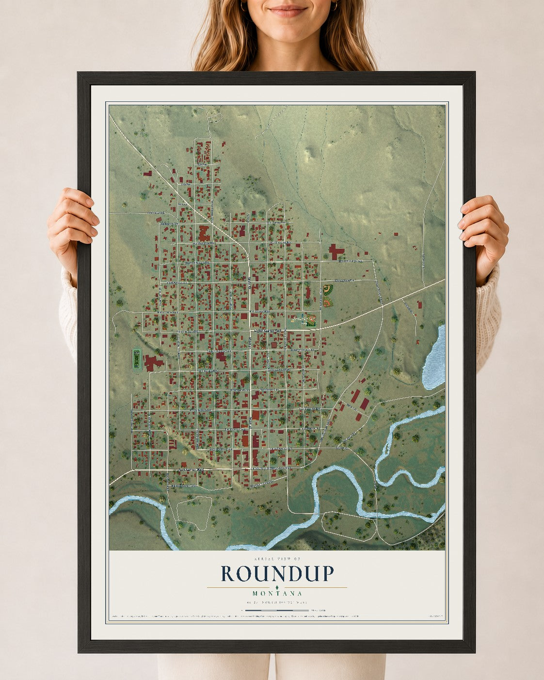 Map of Roundup, Montana, 24 x 36 inch print in a black wood frame
