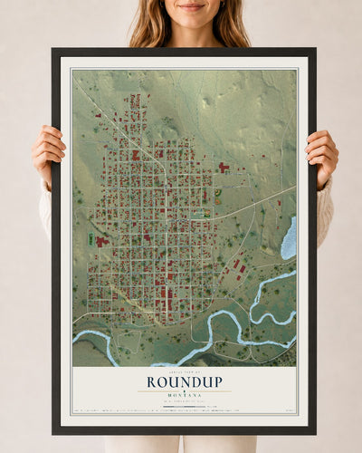 Map of Roundup, Montana, 24 x 36 inch print in a black wood frame