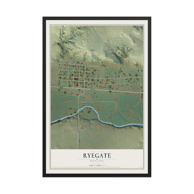 Map of Ryegate, Montana, 12 x 18 inch print in a black wood frame