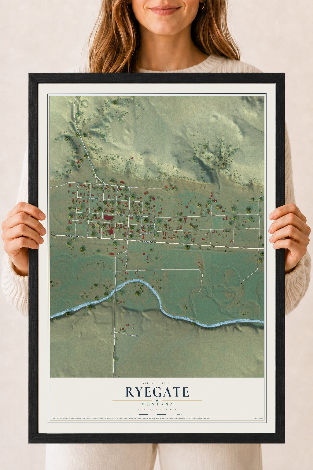 Map of Ryegate, Montana, 18 x 24 inch print in a black wood frame