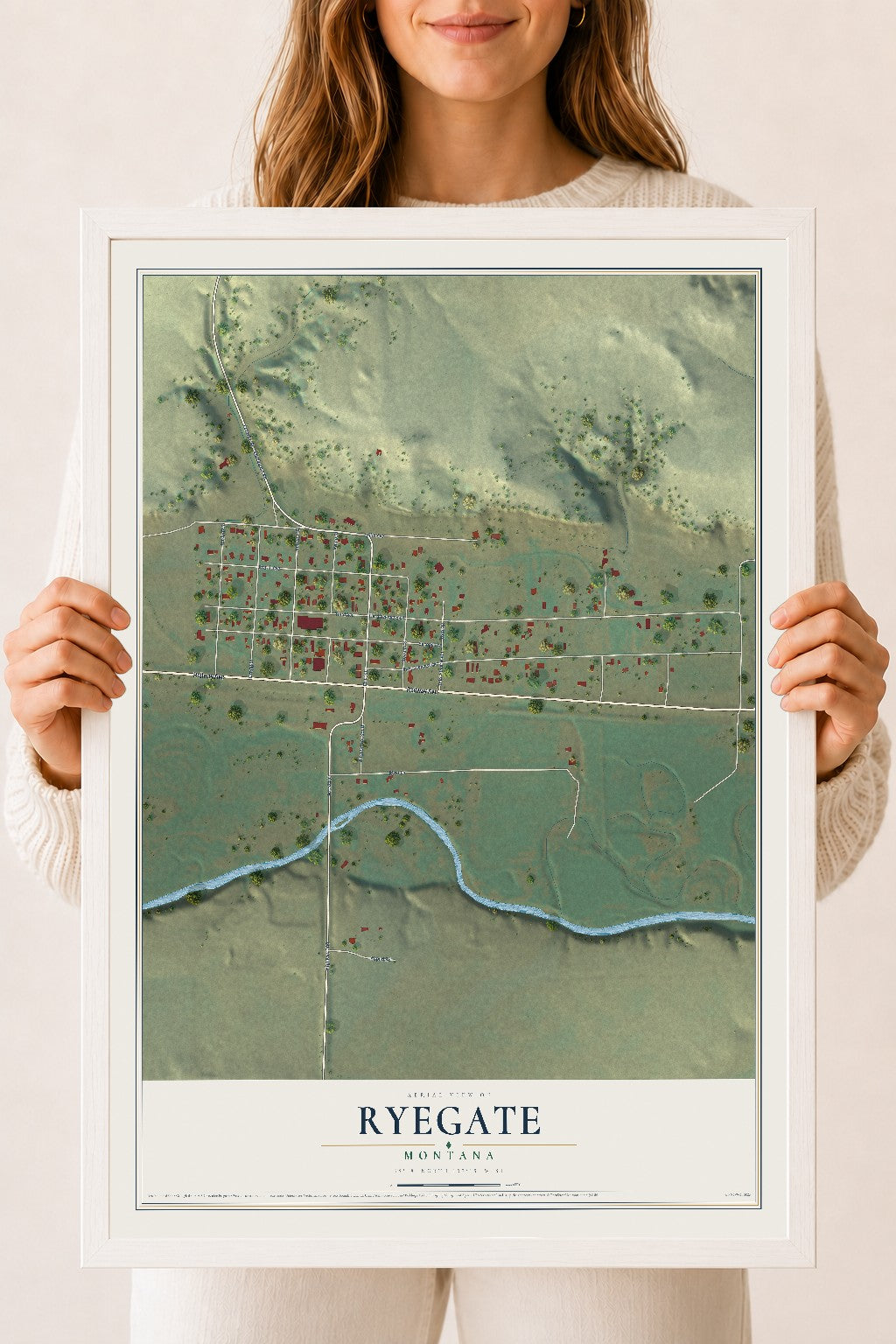 Map of Ryegate, Montana, 18 x 24 inch print in a white wood frame