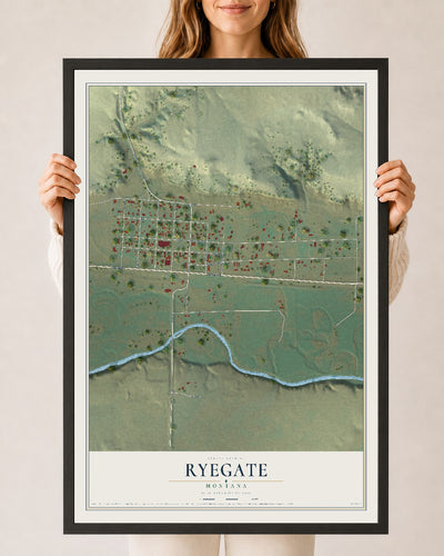 Map of Ryegate, Montana, 24 x 36 inch print in a black wood frame