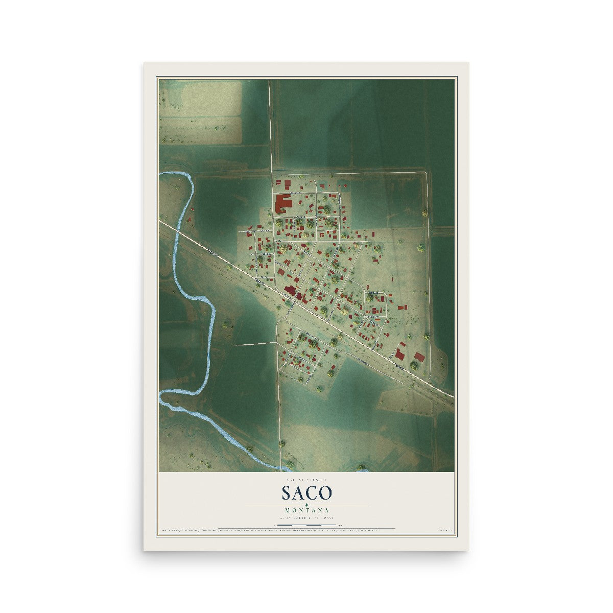 Map of Saco, Montana, 12 x 18 inch unframed archival matte print