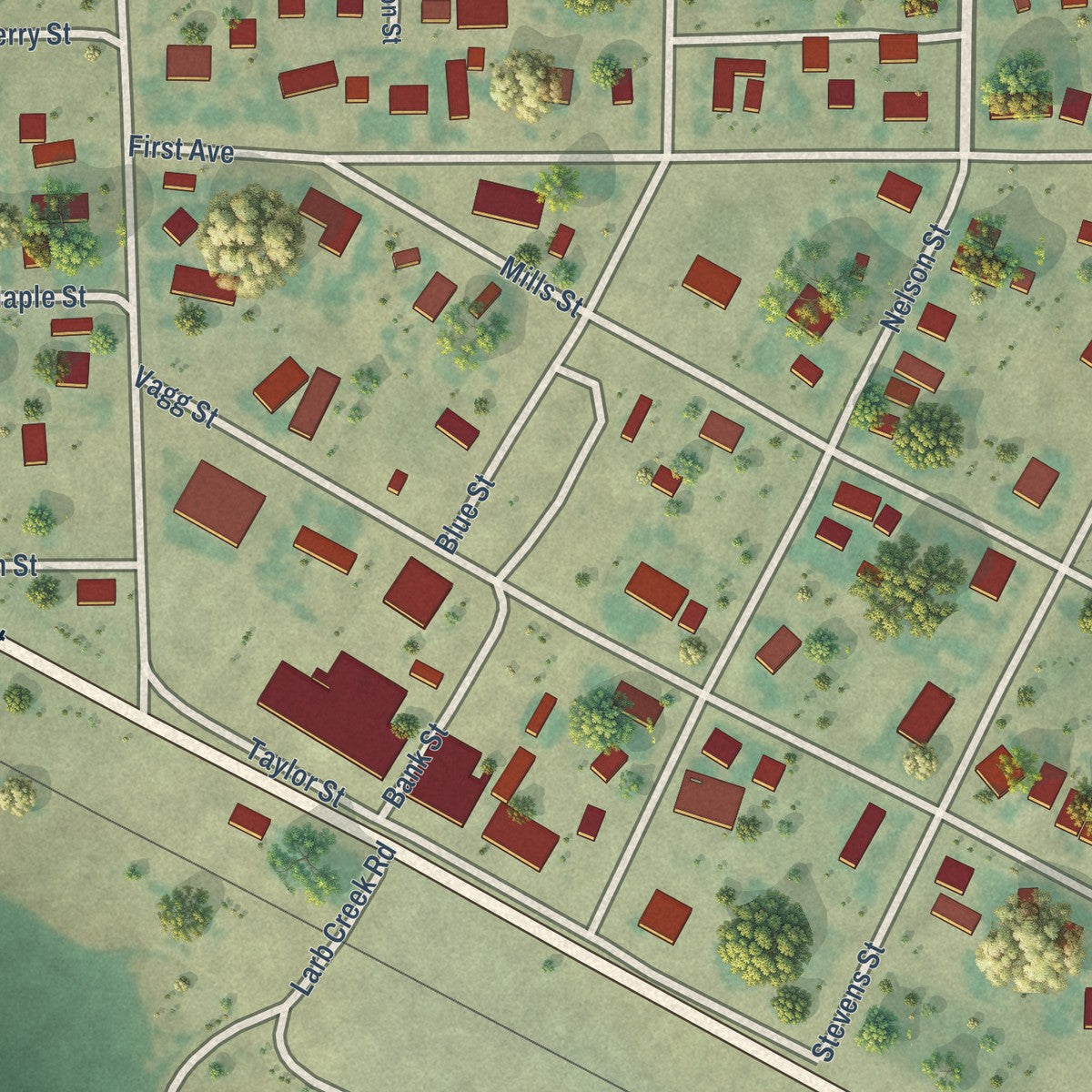 Close-up of the map of Saco, Montana print showing street and building detail