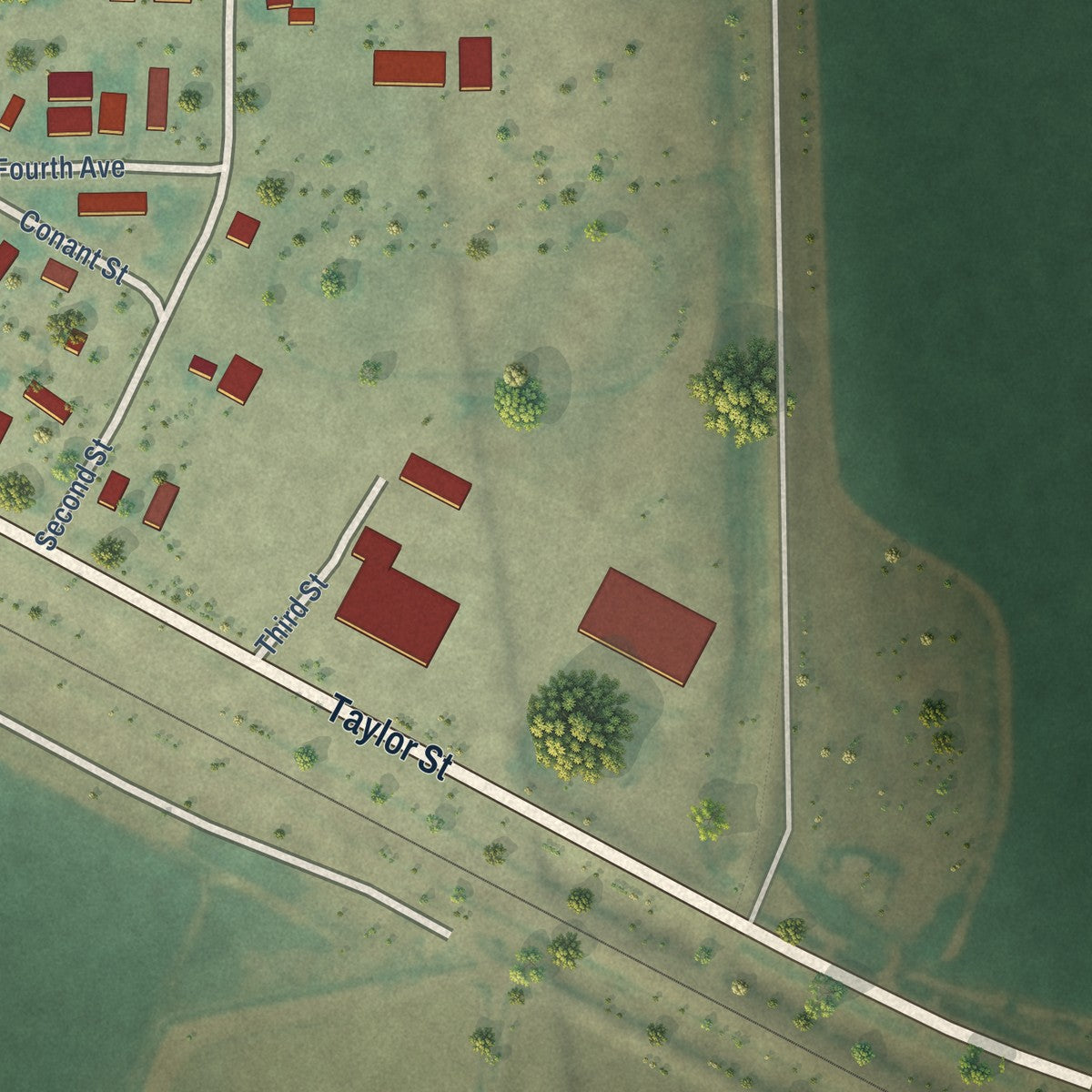Second close-up of the map of Saco, Montana print showing more streets and buildings
