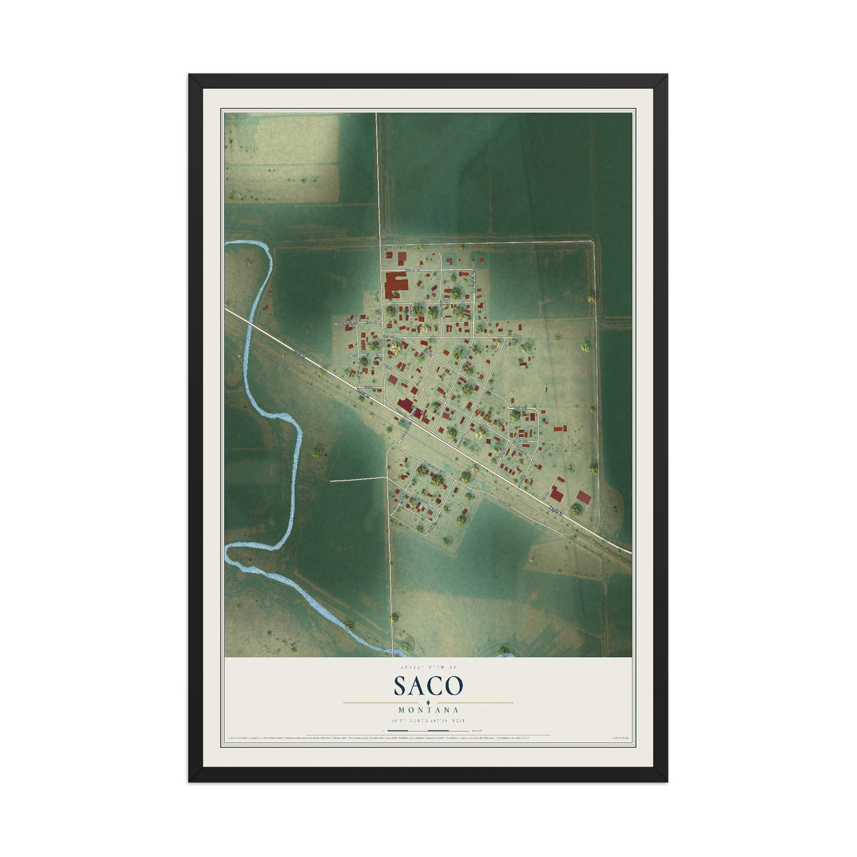 Map of Saco, Montana, 12 x 18 inch print in a black wood frame