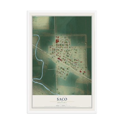 Map of Saco, Montana, 12 x 18 inch print in a white wood frame
