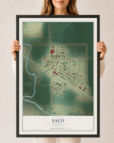 Map of Saco, Montana, 24 x 36 inch print in a black wood frame