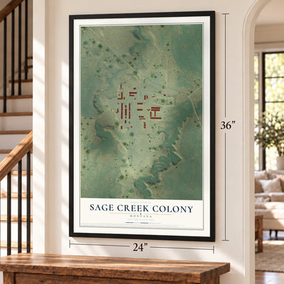 Sage Creek Colony, Montana map, 24 x 36 inch print in a black frame by a staircase
