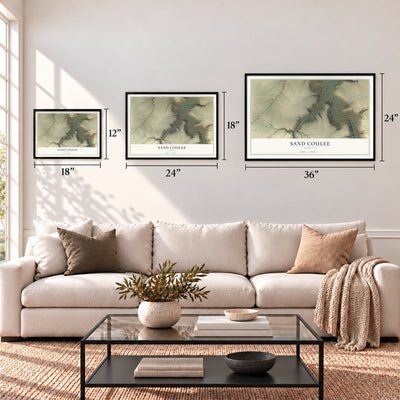 Sand Coulee, Montana map in 12 x 18, 18 x 24 and 24 x 36 inch sizes above a sofa