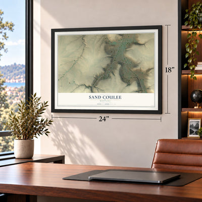 Sand Coulee, Montana map, 18 x 24 inch print in a black frame in a home office