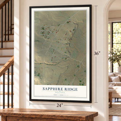 Sapphire Ridge, Montana map, 24 x 36 inch print in a black frame by a staircase