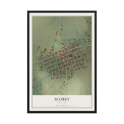 Map of Scobey, Montana, 12 x 18 inch print in a black wood frame