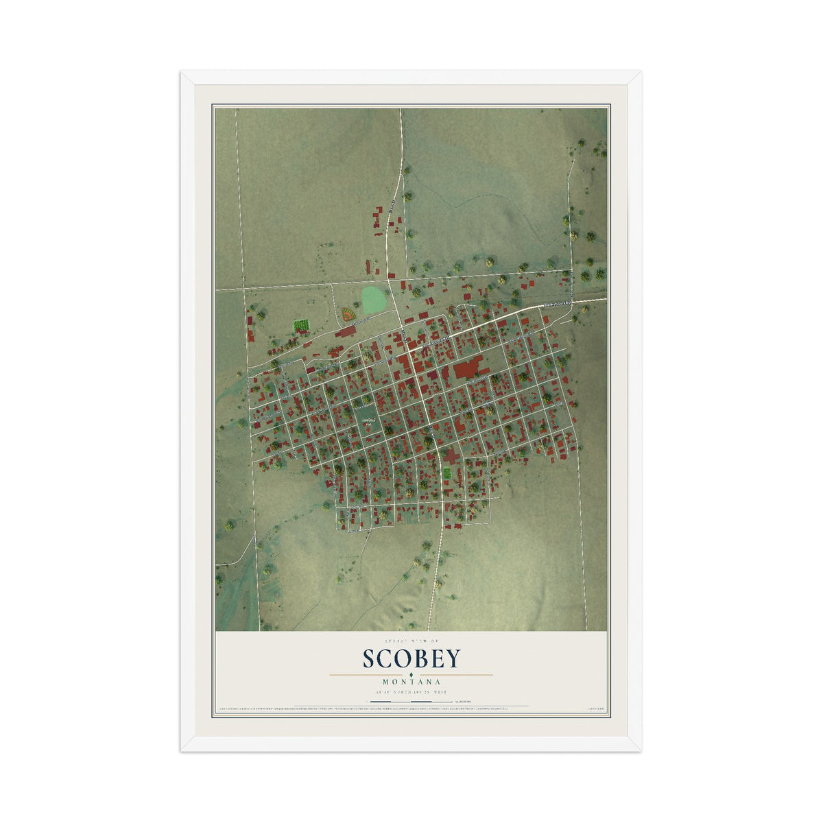 Map of Scobey, Montana, 12 x 18 inch print in a white wood frame