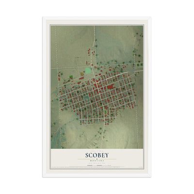 Map of Scobey, Montana, 12 x 18 inch print in a white wood frame