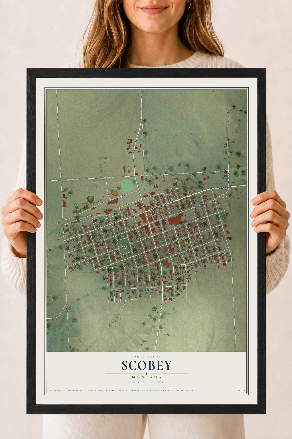Map of Scobey, Montana, 18 x 24 inch print in a black wood frame