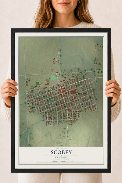 Map of Scobey, Montana, 18 x 24 inch print in a black wood frame