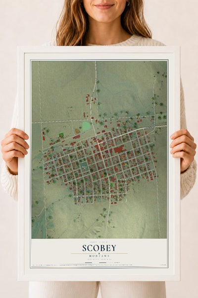 Map of Scobey, Montana, 18 x 24 inch print in a white wood frame