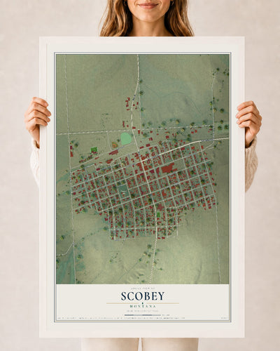 Map of Scobey, Montana, 24 x 36 inch print in a white wood frame