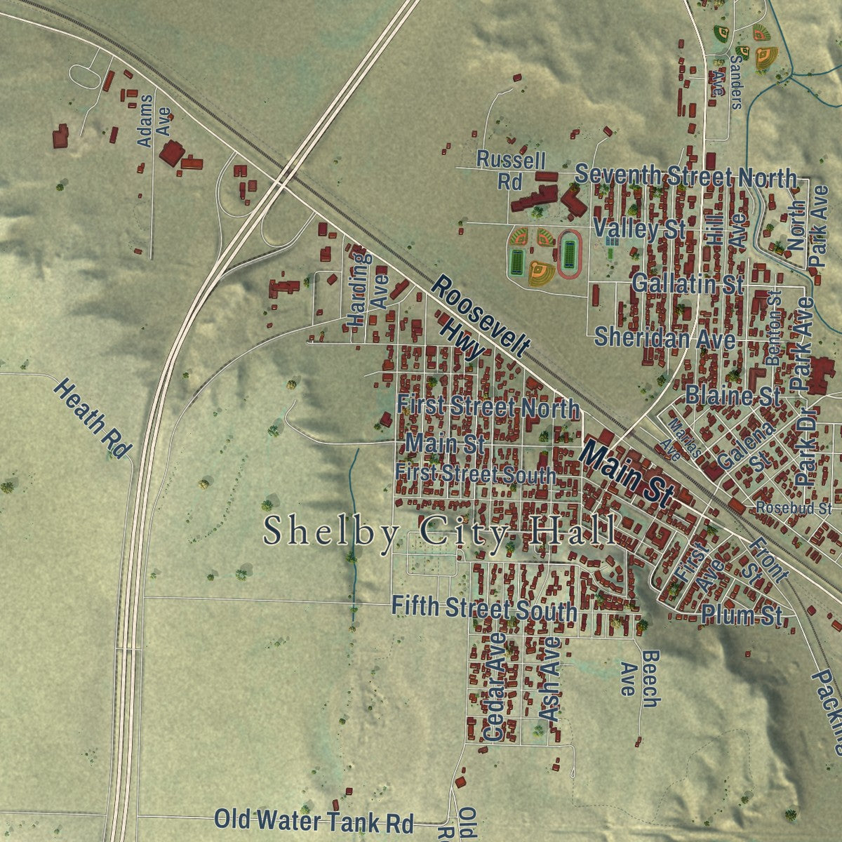 Second close-up of the map of Shelby, Montana print showing more streets and buildings