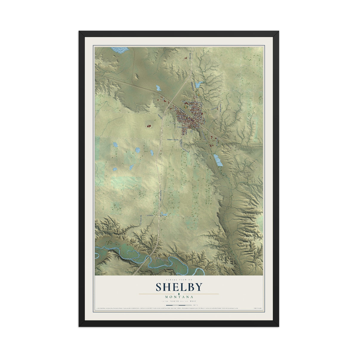 Map of Shelby, Montana, 12 x 18 inch print in a black wood frame