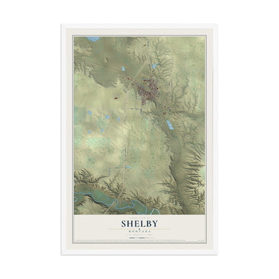 Map of Shelby, Montana, 12 x 18 inch print in a white wood frame